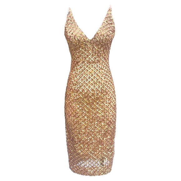 DRESS The Population Luna Gold Sequin Embellished V-Neck Cocktail Mini Dress - Picture 11 of 13